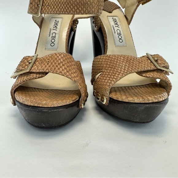 JIMMY CHOO Leather Snake Embossed Tan and Brown Wood High Heels. Size 38 US 8 - Picture 6 of 15